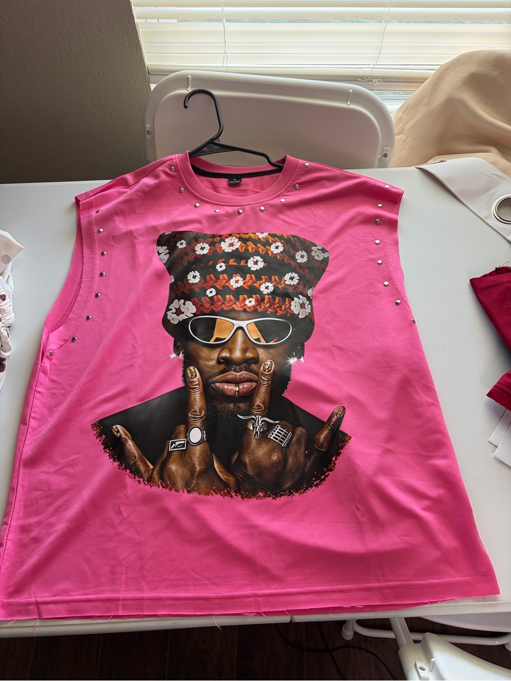 Men's Pink Graphic Short Sleeve Tee with Stud Accents
